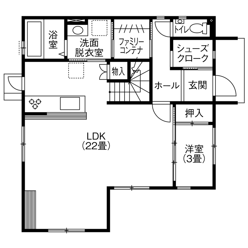 シアーズホーム 【合志/3LDK＋小屋裏収納/2000万円台】1階で生活を完結できる動線とファミリーコンテナで家事子育ても快適の間取り図（3LDK）1階