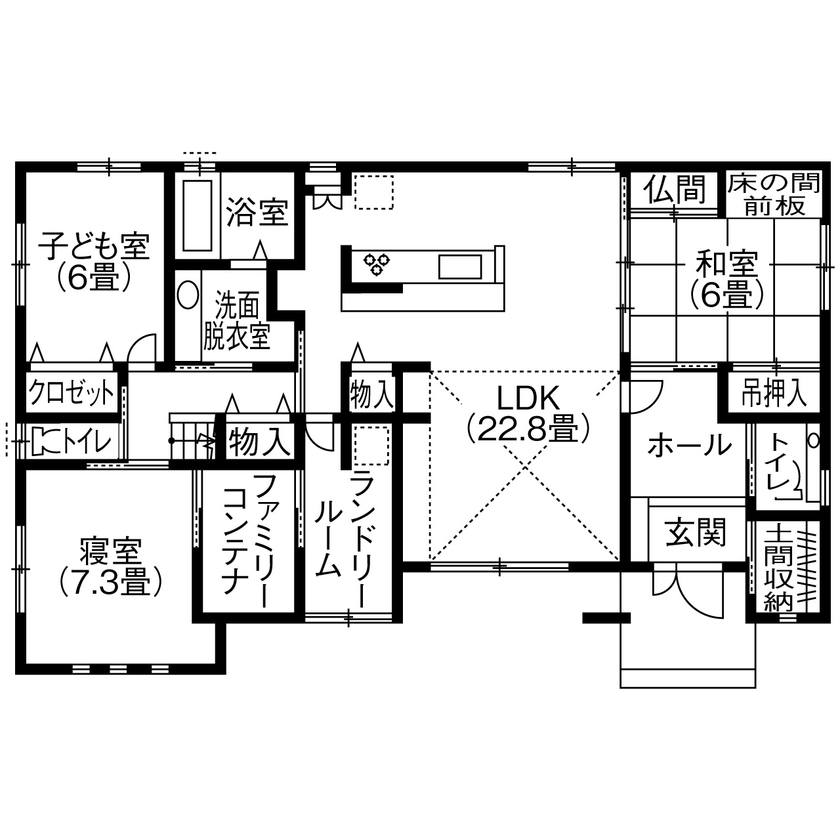 シアーズホーム 【熊本市/平屋/3LDK＋小屋裏収納/間取り図有】湯布院風の庭と美しく調和する和モダンにこだわった平屋の間取り図（3LDK＋小屋裏収納）1階