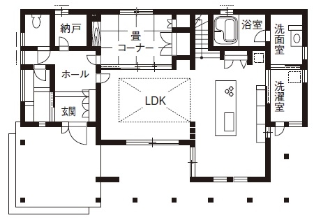 「完全フル装備の家」富士住建 【2000万円台/吹抜け/ランドリールーム/ナチュラル/間取り図】家事動線・設備・コスパに優れたフル装備の家の間取り図（4LDK）1階