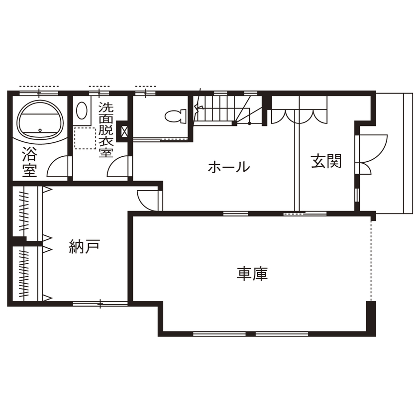 「完全フル装備の家」富士住建 【ガレージ/3階建て/吹き抜け/間取り図有】家族とつながる34.5畳大空間LDKの3階建てフル装備住宅の間取り図（3LDK＋納戸）1階