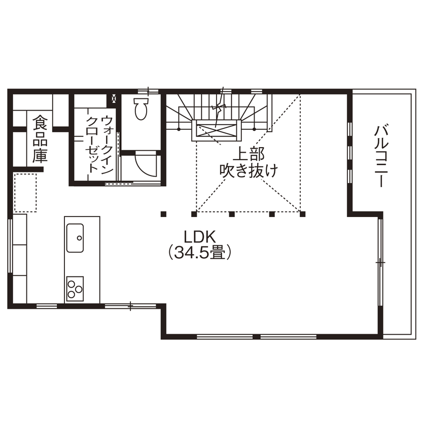 「完全フル装備の家」富士住建 【ガレージ/3階建て/吹き抜け/間取り図有】家族とつながる34.5畳大空間LDKの3階建てフル装備住宅の間取り図（3LDK＋納戸）2階