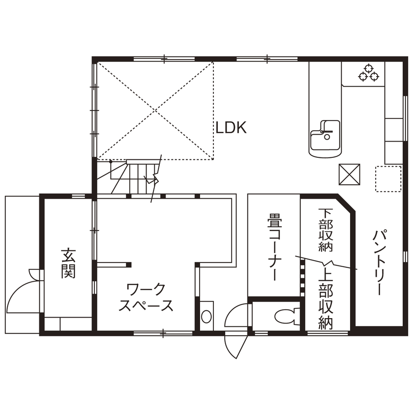 「完全フル装備の家」富士住建 【フル装備住宅/2000万円台/間取り図】ゆったり寛ぎ空間で羽を伸ばす暮らし。吹抜けの開放的なリビングの家の間取り図（2LDK +畳コーナー）1階