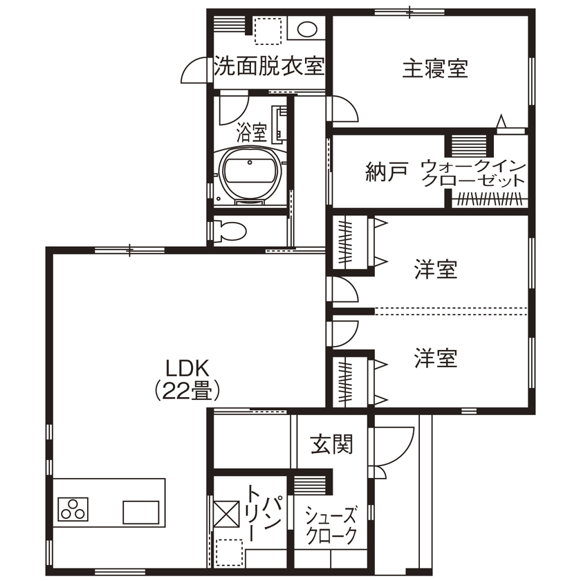 「完全フル装備の家」富士住建 【平屋/収納充実/間取り図有/1000万円台】子ども達が元気に走り回れる大空間の平屋の間取り図（2LDK＋納戸）１階