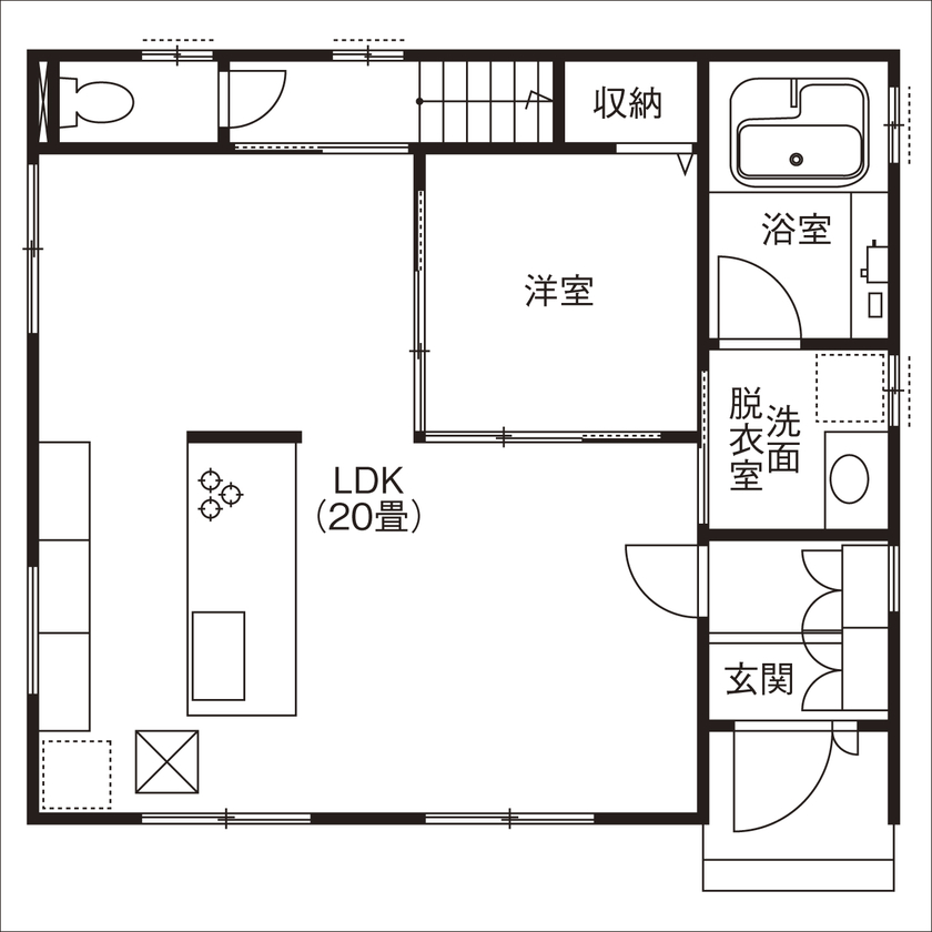 「完全フル装備の家」富士住建 【家事ラク/子育て/リモートワーク/間取り図有】子どもを見守れるフル装備の家の間取り図（4LDK +書斎）1階