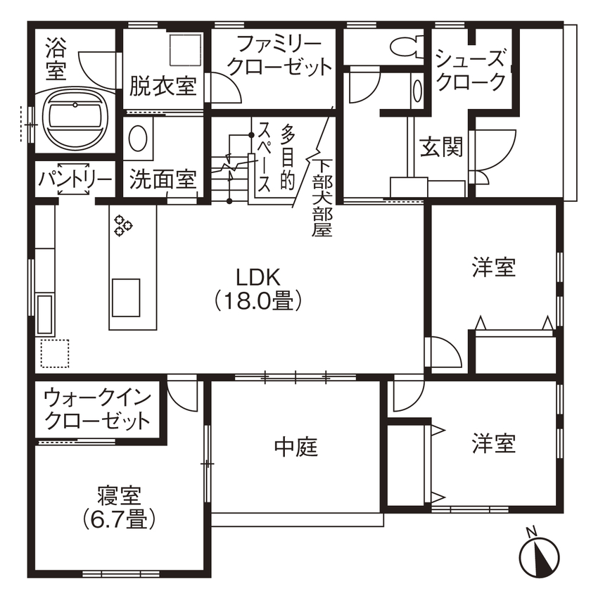 「完全フル装備の家」富士住建 【子育て/ペット/間取り図有】家族との距離が近いフル装備の平屋住宅の間取り図（3LDK）１階