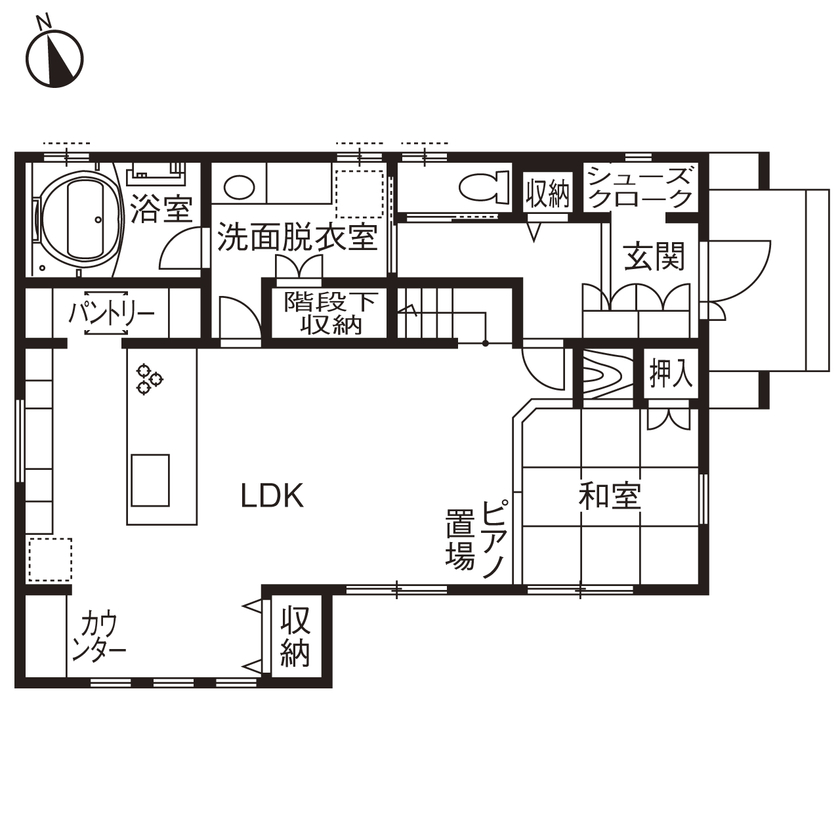 「完全フル装備の家」富士住建 【子育て／家事ラク動線/間取り図有】爽やかなカラーリングでまとめたフル装備住宅の間取り図（3LDK＋和室）1階