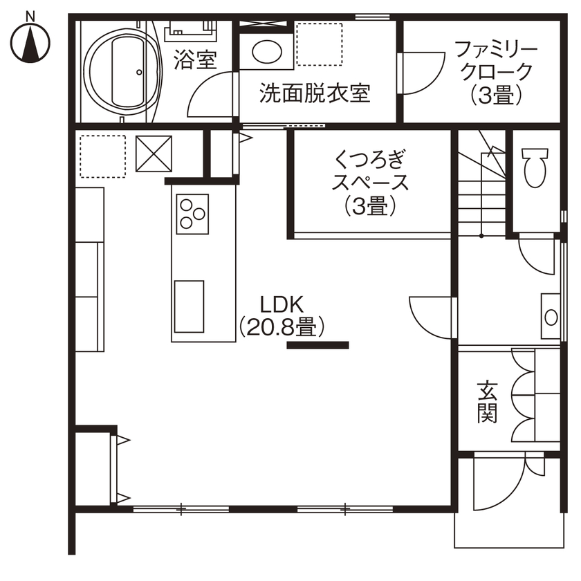 「完全フル装備の家」富士住建 【家事ラク動線/収納充実/ペット/間取り図有】人とペットが心地よく過ごせるフル装備の家の間取り図（3LDK＋小上がり空間）１階