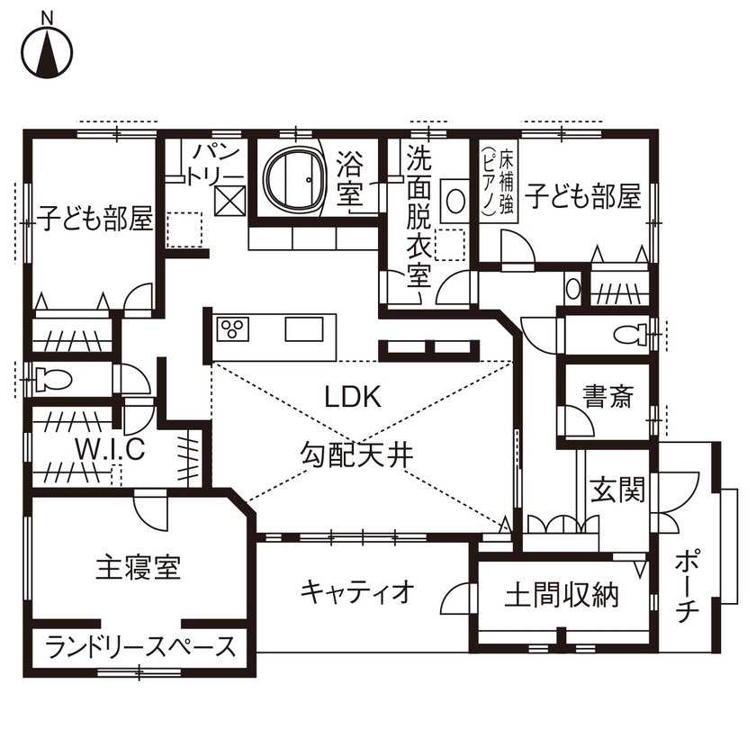 「完全フル装備の家」富士住建 【平屋/ペット/ワークスペース/間取り図有】愛猫と快適に暮らせるキャティオのある平屋の間取り図（3LDK＋キャティオ）1階