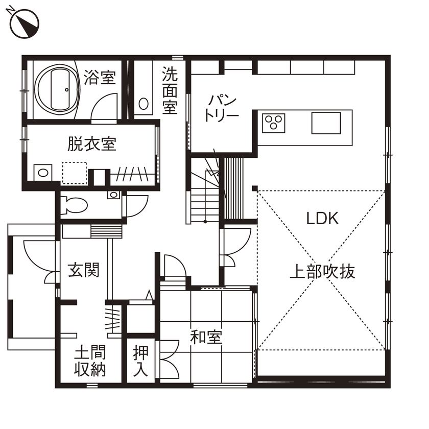 「完全フル装備の家」富士住建 【家事ラク動線/子育て/間取り図有】家事も育児も楽しくできる子どもを見守れる家の間取り図（4LDK＋書斎）1階