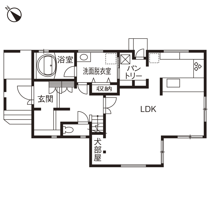「完全フル装備の家」富士住建 【ペット/生活動線/趣味を楽しむ/間取り図有】趣味を満喫できるフル装備の家の間取り図（2LDK＋趣味部屋）1階