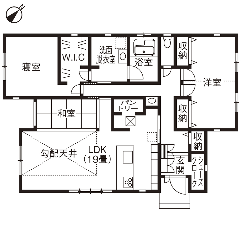 「完全フル装備の家」富士住建 【平屋/家事ラク動線/子育て/間取り図有】心地よい開放感にあふれるフル装備の平屋の間取り図（2LDK＋小上がり和室）1階