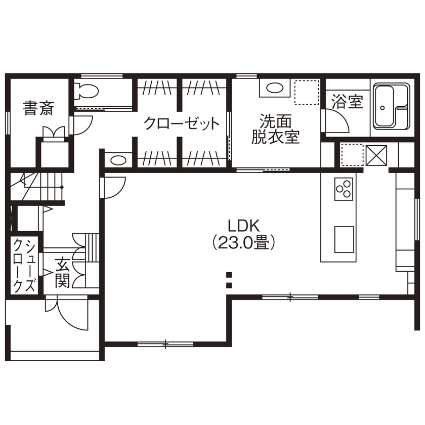 「完全フル装備の家」富士住建 【家事ラク動線/収納充実/間取り図有】ウッディな温もりとスタイリッシュなデザインが融合したフル装備住宅の間取り図（3LDK＋書斎）1階