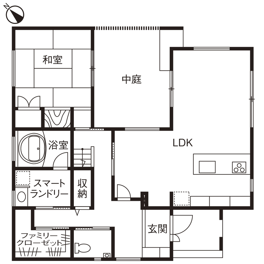 「完全フル装備の家」富士住建 【和風モダン/生活動線/家事・子育て/間取り図有】和を趣を巧みに融合させたフル装備住宅の間取り図（4LDK＋書斎）1階