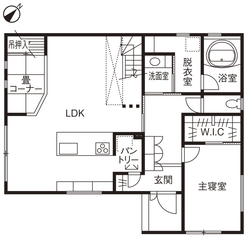 「完全フル装備の家」富士住建 【家事ラク動線/子育て/2000万円台/間取り図有】子ども達が周囲を気にせず遊べるフル装備住宅の間取り図（3LDK＋畳コーナー）1階