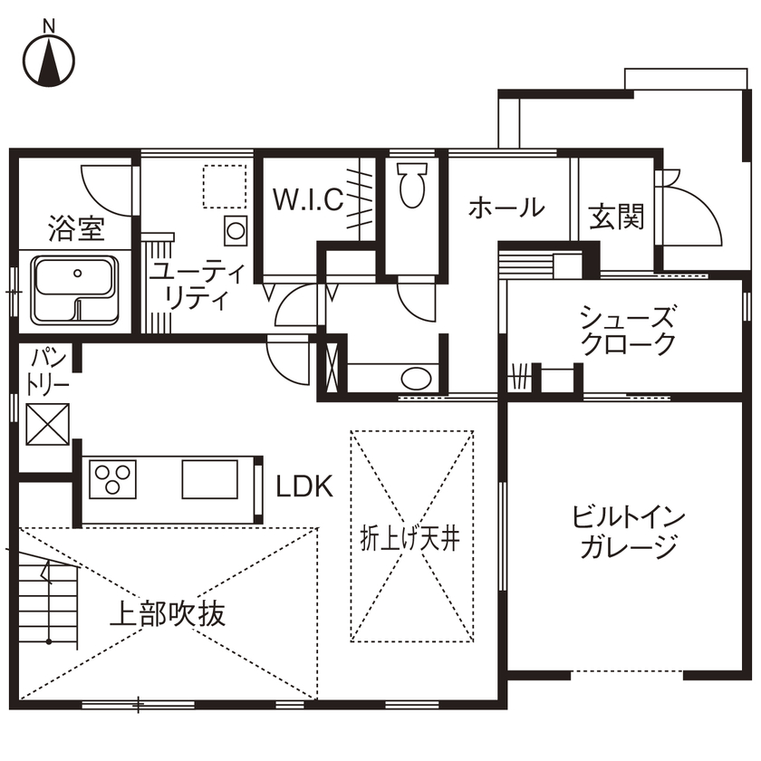 「完全フル装備の家」富士住建 【インナーガレージ/ボルダリング/間取り図有】趣味を詰め込んだフル装備住宅の間取り図（2LDK＋ガレージ）1階