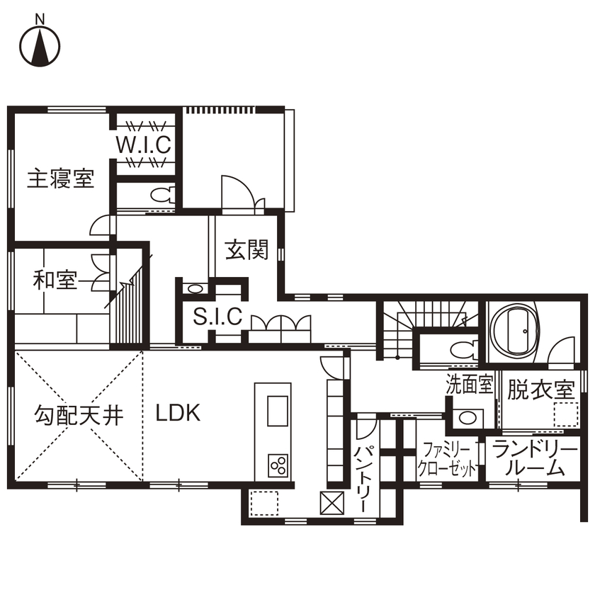 「完全フル装備の家」富士住建 【家事ラク・子育て/国産檜/間取り図有】構造体に檜を使った1フロア完結型のフル装備住宅の間取り図（4LDK）1階