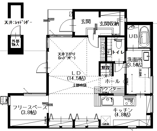 アサヒアレックス シャープで堂々とした存在感のある住まいの間取り図（2LDK）1階