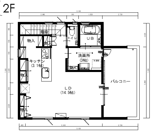 アサヒアレックス  2Fリビングと9帖バルコニーで過ごすリゾート空間の間取り図（3LDK）2階