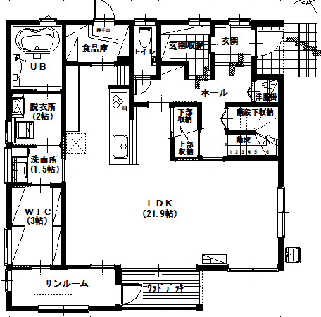 アサヒアレックス モダンで温かみのある北欧スタイルの間取り図（４LDK＋２階リビング）1階
