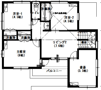 アサヒアレックス モダンで温かみのある北欧スタイルの間取り図（４LDK＋２階リビング）2階