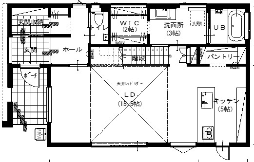 アサヒアレックス 様々なテキスタイルが生きたミックスモダンの家の間取り図（3LDK）1階