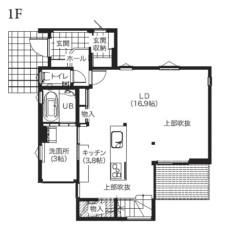 アサヒアレックス 適材適所にちりばめられた収納もオシャレに彩る家の間取り図（3LDK）1階