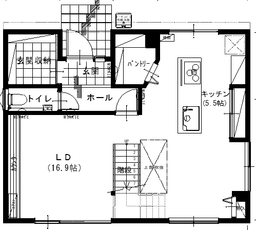 アサヒアレックス 人があつまり、いつでも笑い声のあふれる家の間取り図（2LDK）1階