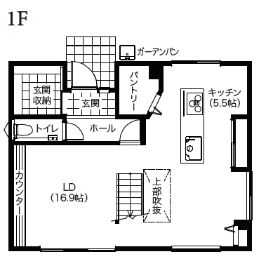 アサヒアレックス コンパクトな動線で叶えるカフェのようなお洒落な暮らしの間取り図（2LDK）1階