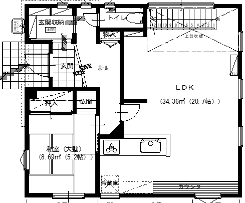 アサヒアレックス シックにまとまったブルックリンスタイルの間取り図（3LDK）1階
