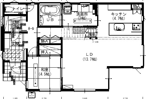 アサヒアレックス ナチュラルモダンな上質感のある家の間取り図（5K以上）1階