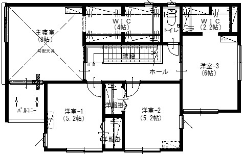 アサヒアレックス ナチュラルモダンな上質感のある家の間取り図（5K以上）2階