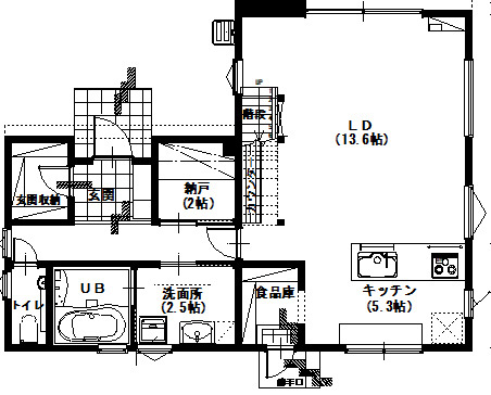 アサヒアレックス スタイリッシュモダンな外観に木質感のある内装デザインの家の間取り図（3LDK）1階