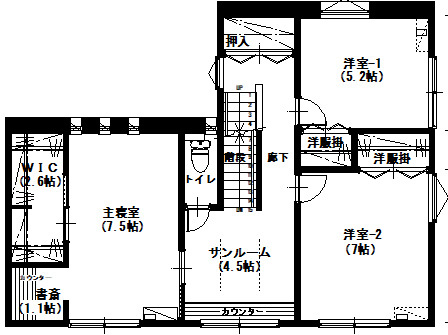 アサヒアレックス スタイリッシュモダンな外観に木質感のある内装デザインの家の間取り図（3LDK）2階