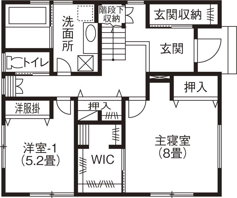 アサヒアレックス 【2230万円】２階リビングで広がる開放感　シンプルさに際立つ木の温もりの間取り図（4LDK）1階