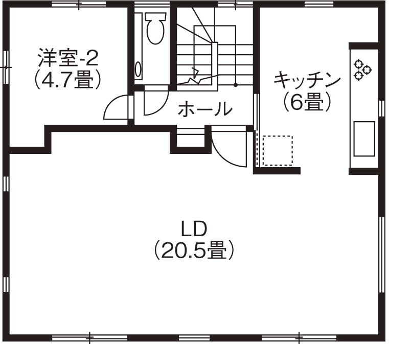 アサヒアレックス 【2230万円】２階リビングで広がる開放感　シンプルさに際立つ木の温もりの間取り図（4LDK）2階
