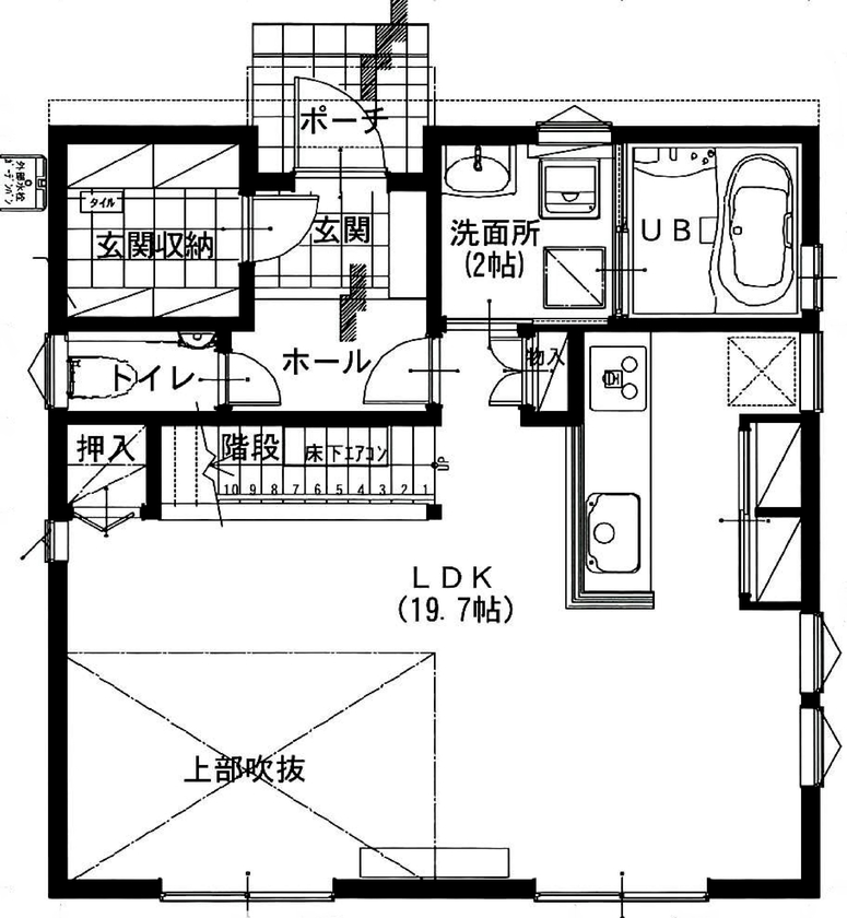 アサヒアレックス 【2050万円】テーマは「タイムレスモダン」。細部のアクセントが目をひく落ち着きある住まいの間取り図（3LDK）1階