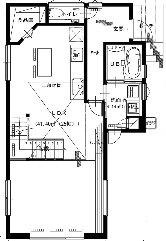 アサヒアレックス 【本体価格2000～2500万円】本物の素材でアンティーク感のあるインダストリアルデザインの間取り図（3LDK）1階
