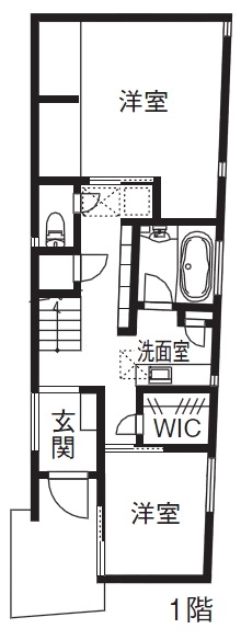 ハウステックス 【2000万円台|20坪台|間取り|ロフト】吹き抜けの中庭テラスで青空を独り占め 採光と通風を確保した明るい家の間取り図（2LDK）1階