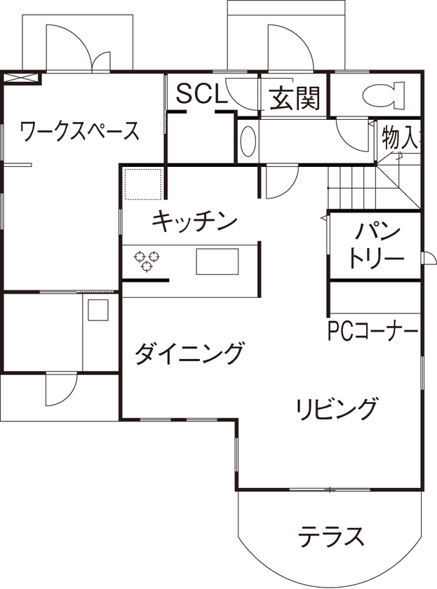 フレンチ工房 【2000万円台/間取り有】玄関は2つ。35坪でワーク&ホビーを楽しめる、おしゃれなデザイン住宅の間取り図（3LDK+工房）1階