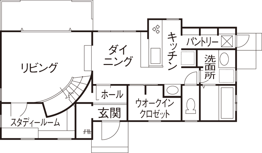 フレンチ工房 【2000万円台/間取り有/33坪】コンセプトはパリのショップ併用住宅。平屋と3階建てを連ねたブルーの家の間取り図（3LDK+スタディルーム）1階