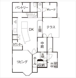 フレンチ工房 【3000万円台/姫路市/間取り有】中庭・ビルトインガレージ！遊ぶ心のある、フレンチアンティークなお住まいの間取り図（4LDK+倉庫）1階