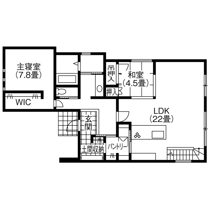 ヤマカ木材 【2000万円台・約39坪・2階建て・間取り図有り】和モダン×鉄骨階段/ホテルライクなモルタル風の造作洗面台の間取り図（3LDK）1階