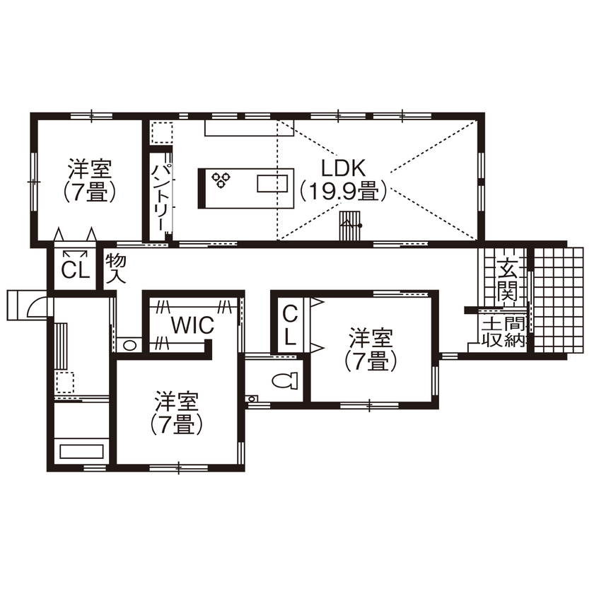 ヤマカ木材 【2000万円台・約34坪・平屋・間取り図有り】ロフトのある勾配天井LDK×車椅子に対応した幅の広い廊下の間取り図（3LDK）1階