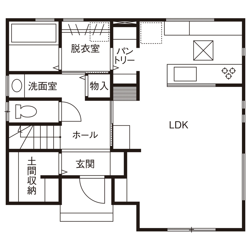 ヤマカ木材 【2000～2499万円/30.6坪/間取り図有】造作家具でコーディネートした、家事ラク＆体に優しい自然素材の家の間取り図（3LDK）1階