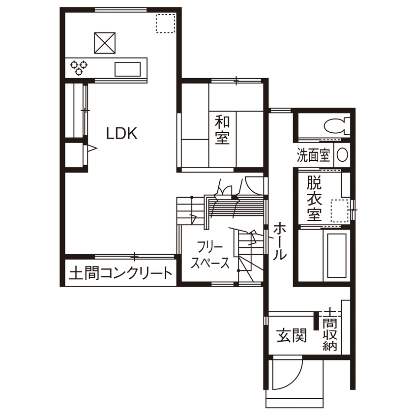 ヤマカ木材 【2000～2499万円/32.1坪/間取り図有】スキップフロアが広がりのある空間を演出するスタイリッシュな住まいの間取り図（3LDK）1階