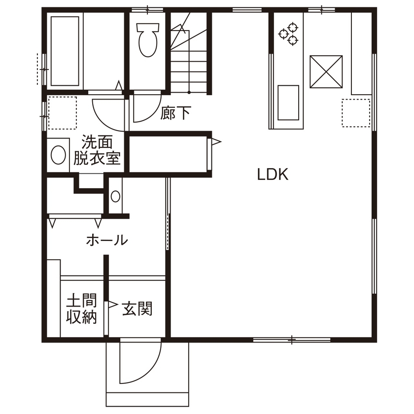 ヤマカ木材 【2000～2499万円/32坪/間取り図有】板張りのキッチン天井がぬくもりを演出。自然素材をふんだんに使った家の間取り図（3LDK）1階