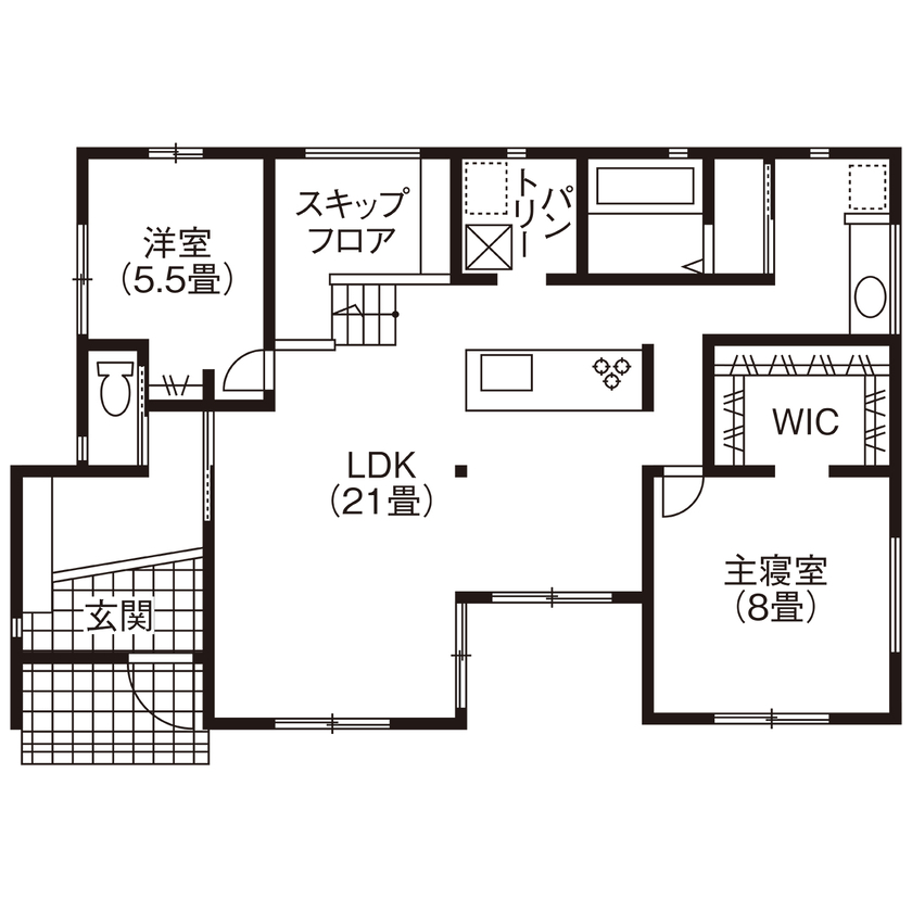 ヤマカ木材 【2000～2499万円/28坪/間取り図有】スキップフロア、勾配天井など広々空間！無垢材を使用した平屋の住まいの間取り図（2LDK）1階