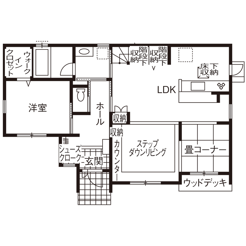 アオバクラフト 【1000万円台/間取り図有】おこもり感満載のステップダウンリビング！ローコストで叶えたくつろぎの家の間取り図（4LDK）1階