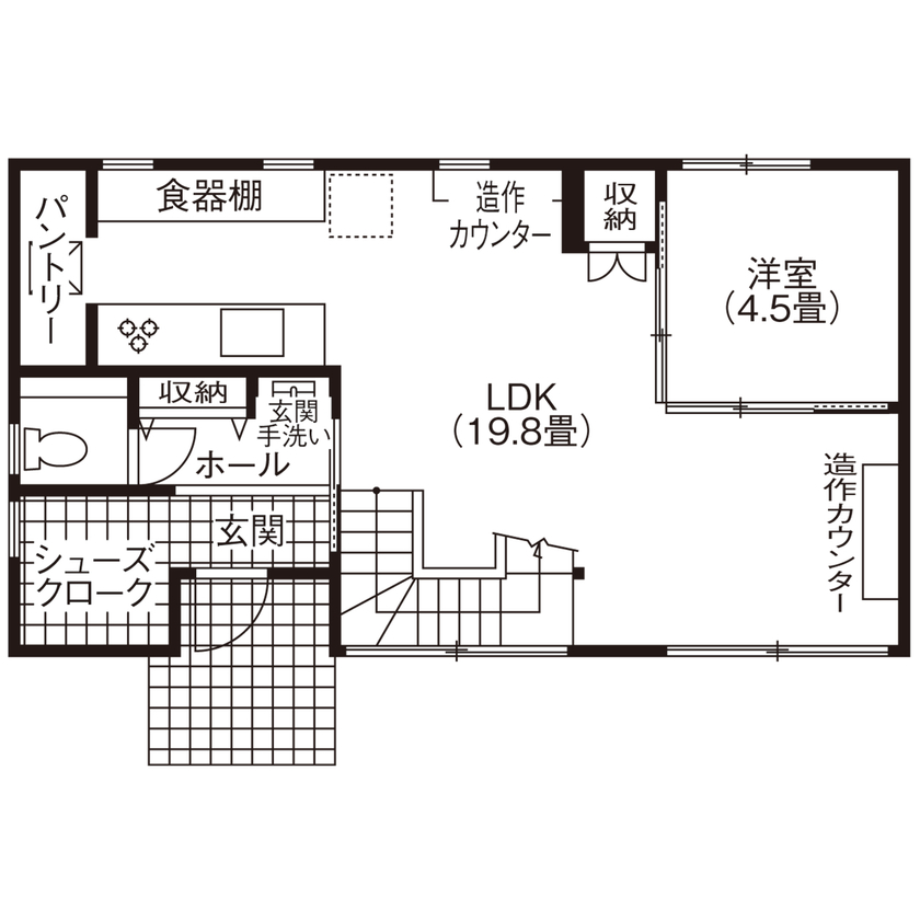 アオバクラフト 【1400万円台／間取図有】吹抜けとオープン階段で開放的！デザイン・高性能・ローコストのすべてが叶った家の間取り図（4LDK）1階