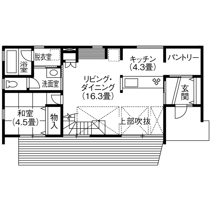 アオバクラフト 【本体価格1490万円】家族のつながりを大切にした、明るく開放的な吹き抜けのある住まいの間取り図（3LDK）1階